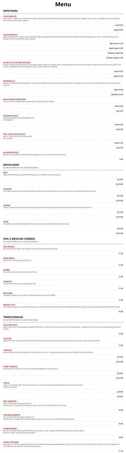Phil Sandoval's Mexican Restaurante menu in Huntsville, Alabama, USA