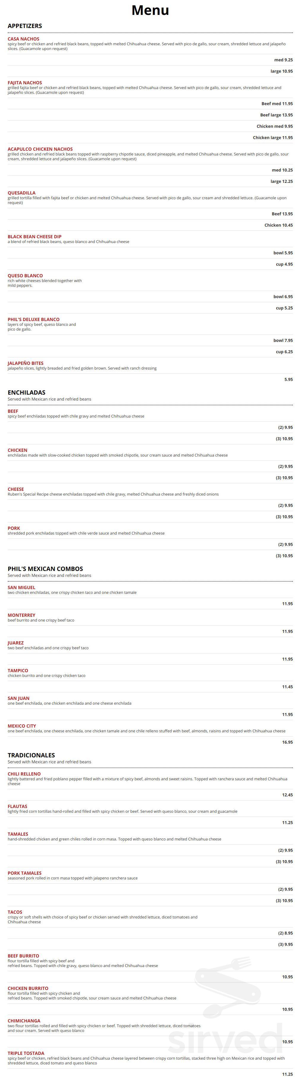 Menu Huntsville AL's Phil Sandoval's Mexican Restaurante Sirved