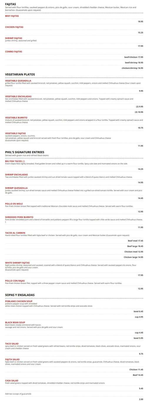 Phil Sandoval's Mexican Restaurante menu in Huntsville, Alabama, USA