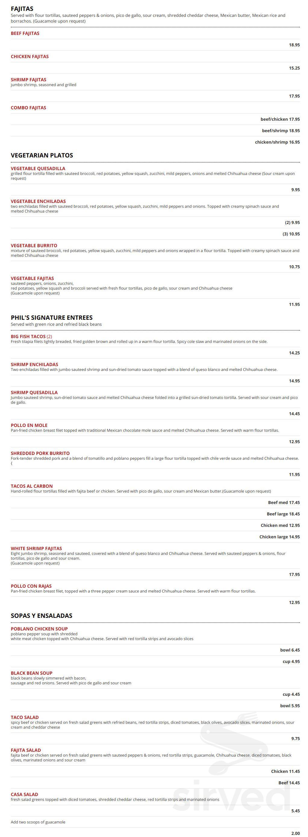 Menu Huntsville AL's Phil Sandoval's Mexican Restaurante Sirved