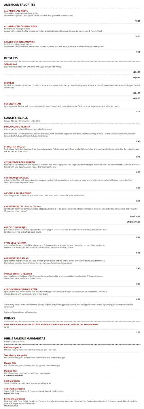 Phil Sandoval's Mexican Restaurante menu in Huntsville, Alabama, USA