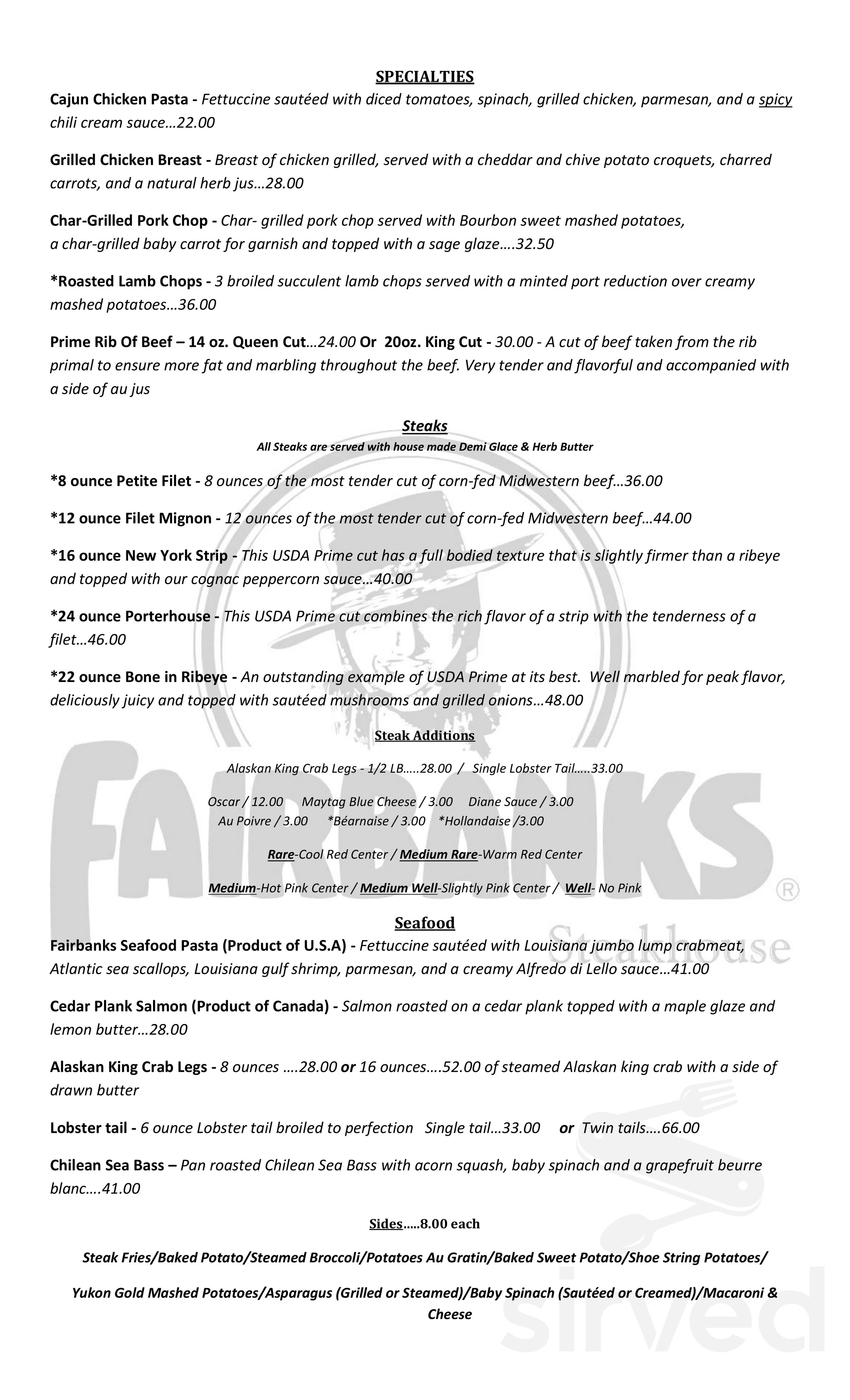 Fairbanks Steakhouse menu in Tunica Resorts, Mississippi, USA