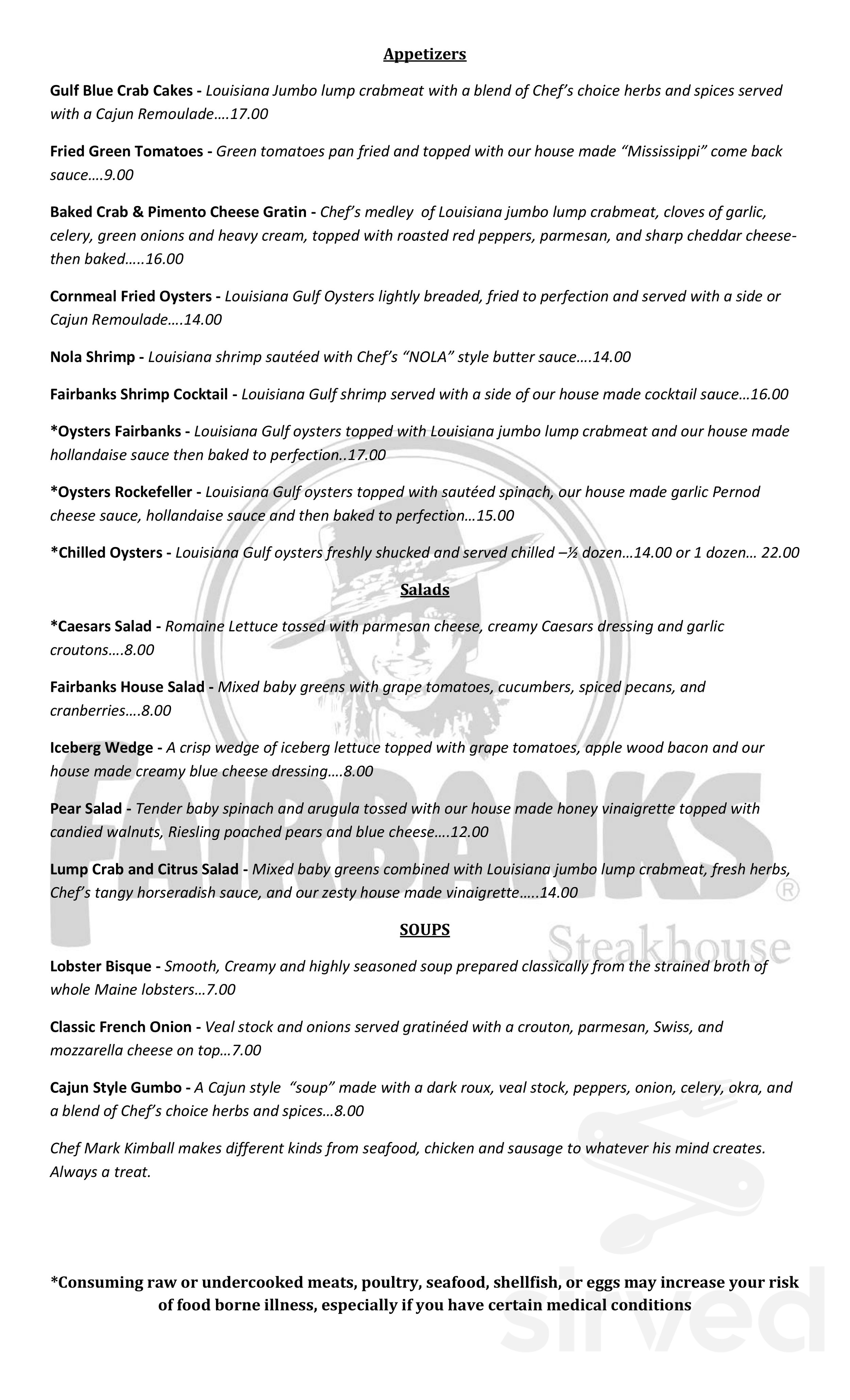Menu Tunica Resorts MS's Fairbanks Steakhouse Sirved