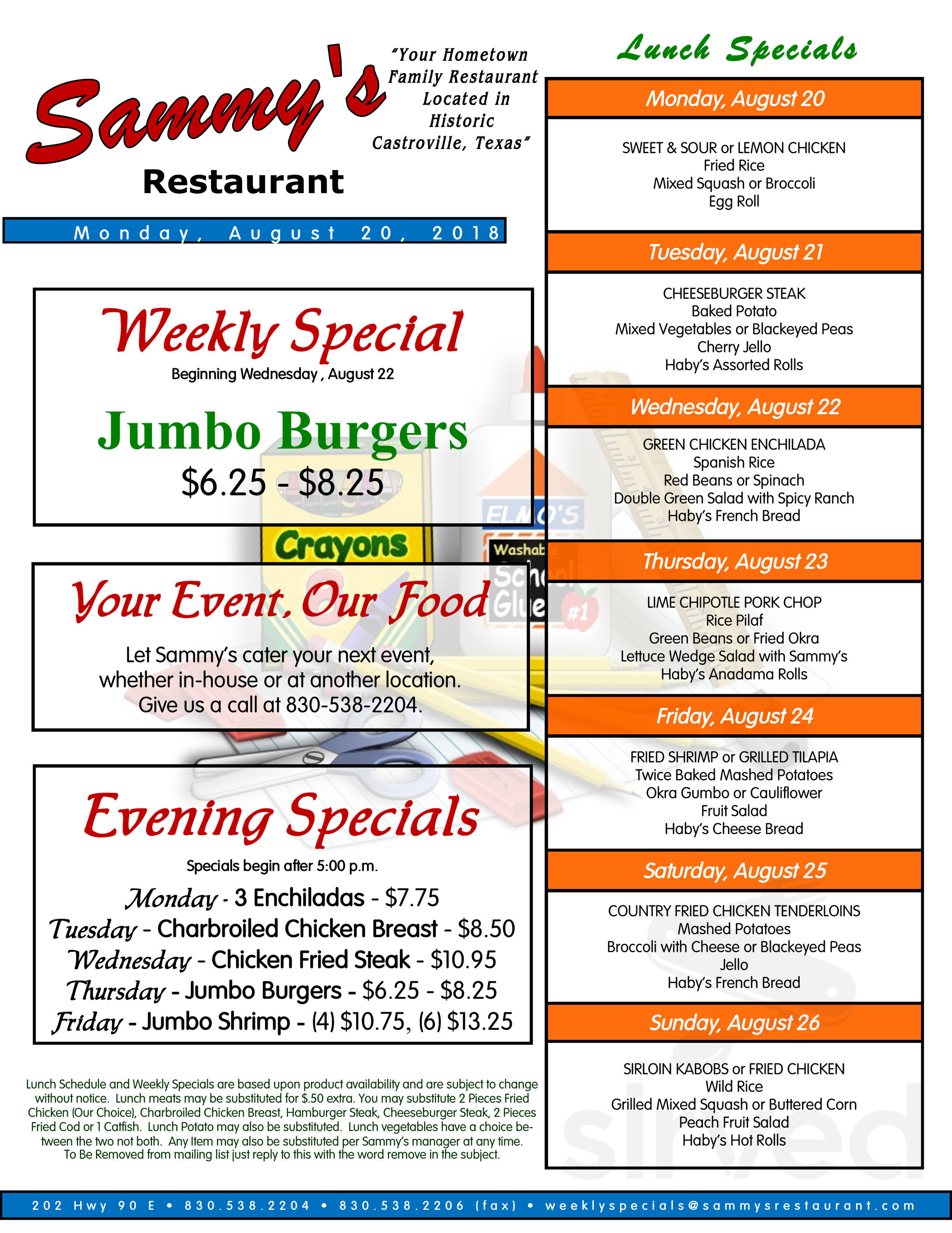 Sammy's Restaurant menu in Castroville, Texas, USA