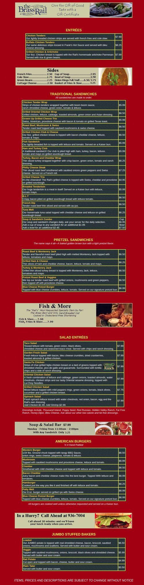 The Brass Rail Bar And Grill menu in Plymouth, Indiana, USA