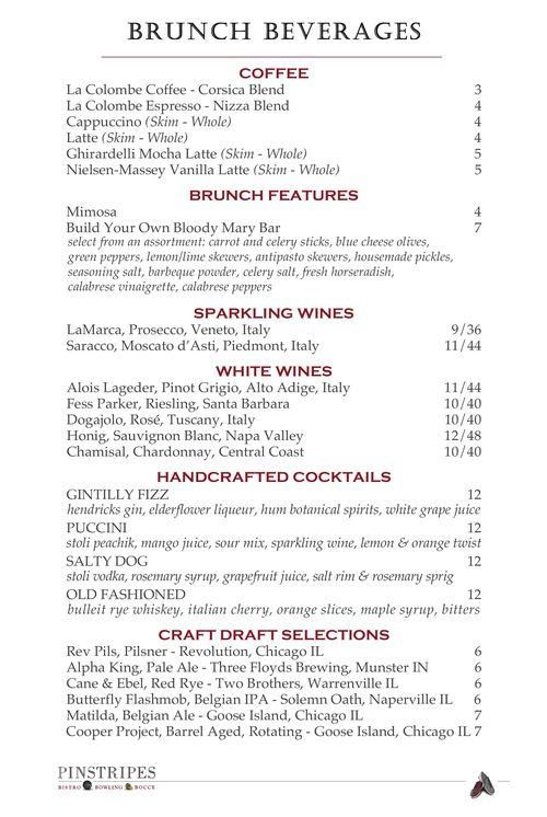 Pinstripes menu in Fort Worth, Texas, USA