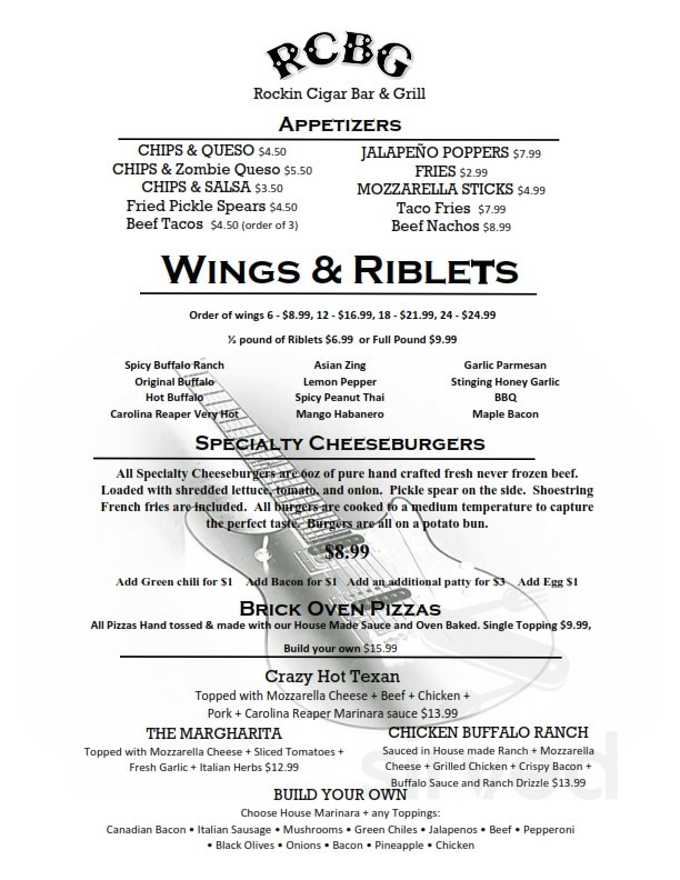 Rockin' Cigar Bar & Grill Thunderbird menu in El Paso, Texas, USA