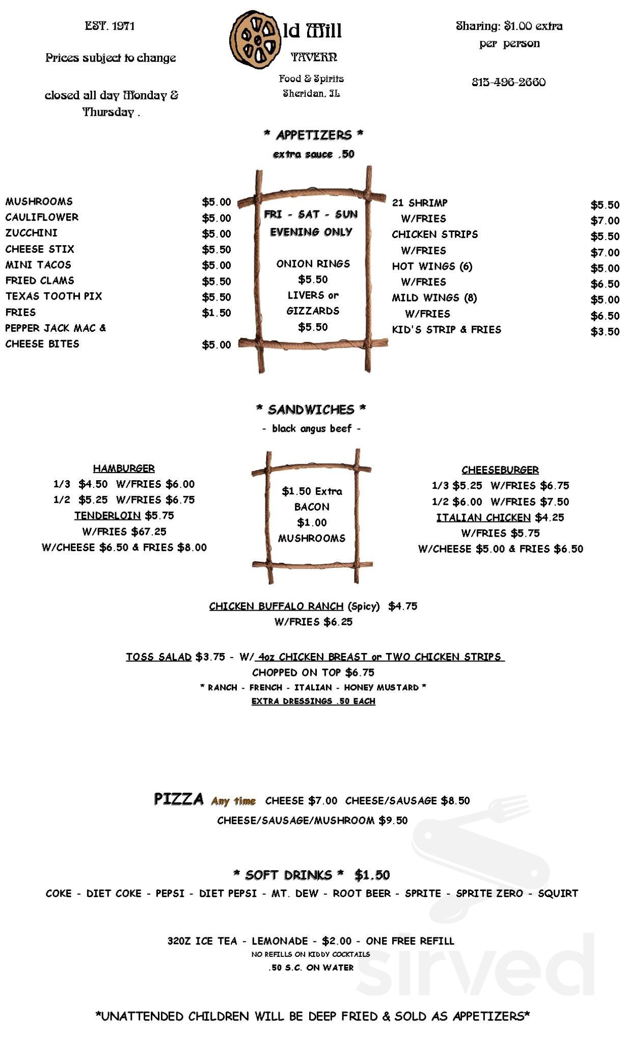 Old Mill Tavern menu in Sheridan, Illinois, USA