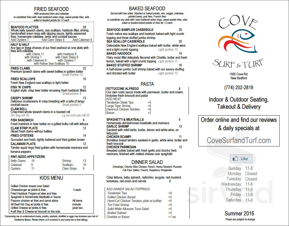 Cove Surf and Turf menu in New Bedford, Massachusetts, USA