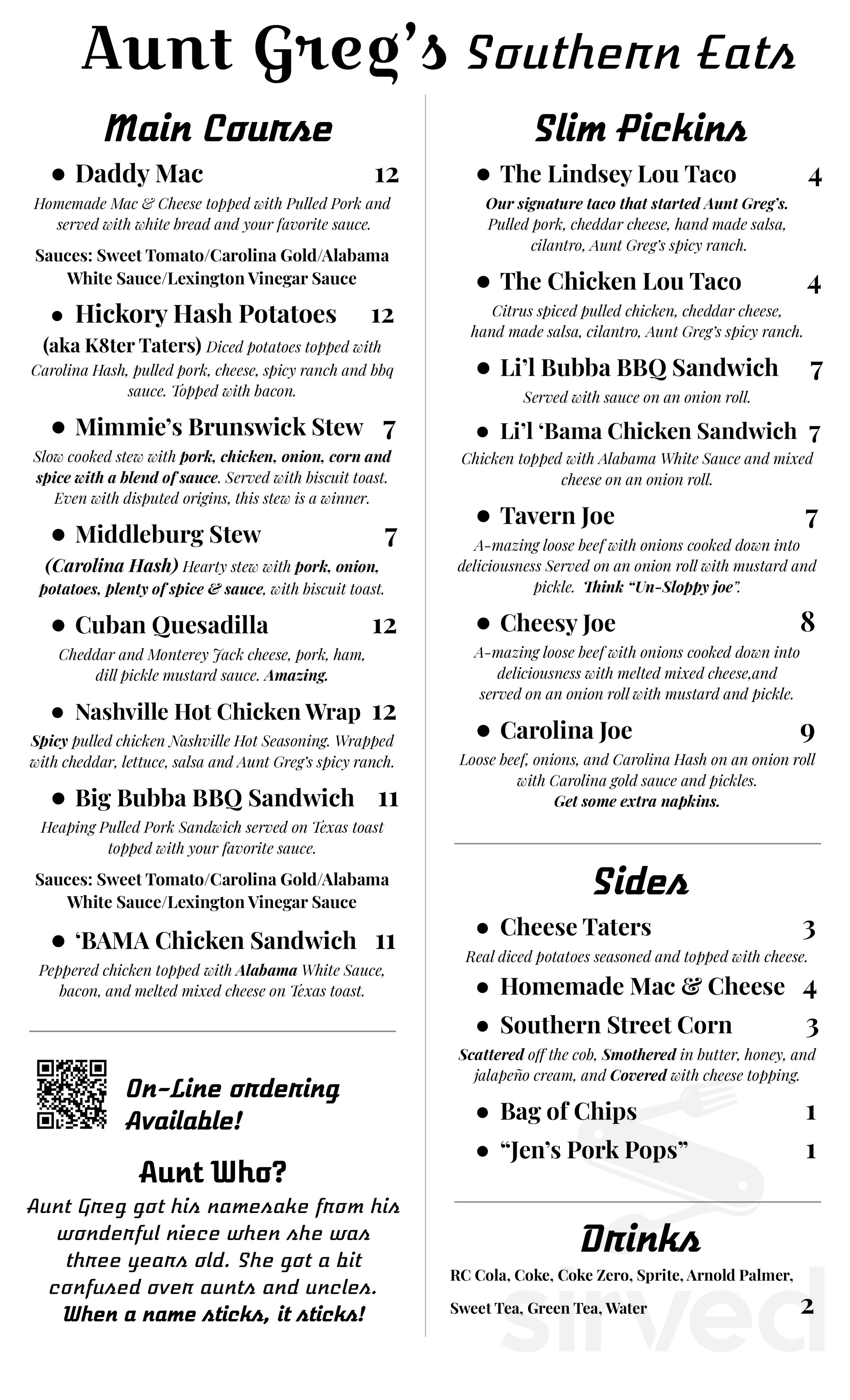 Aunt Greg’s Southern Eats menus in Orange Park, Florida, United States