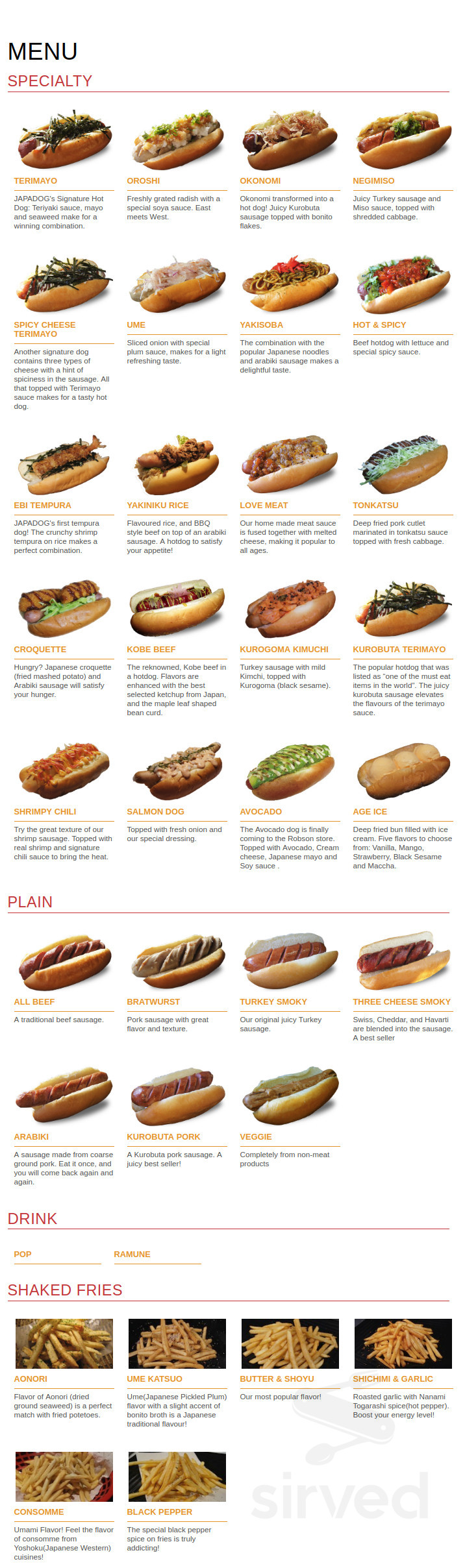 Japadog (at Santa Monica Pier) menu in Santa Monica, California