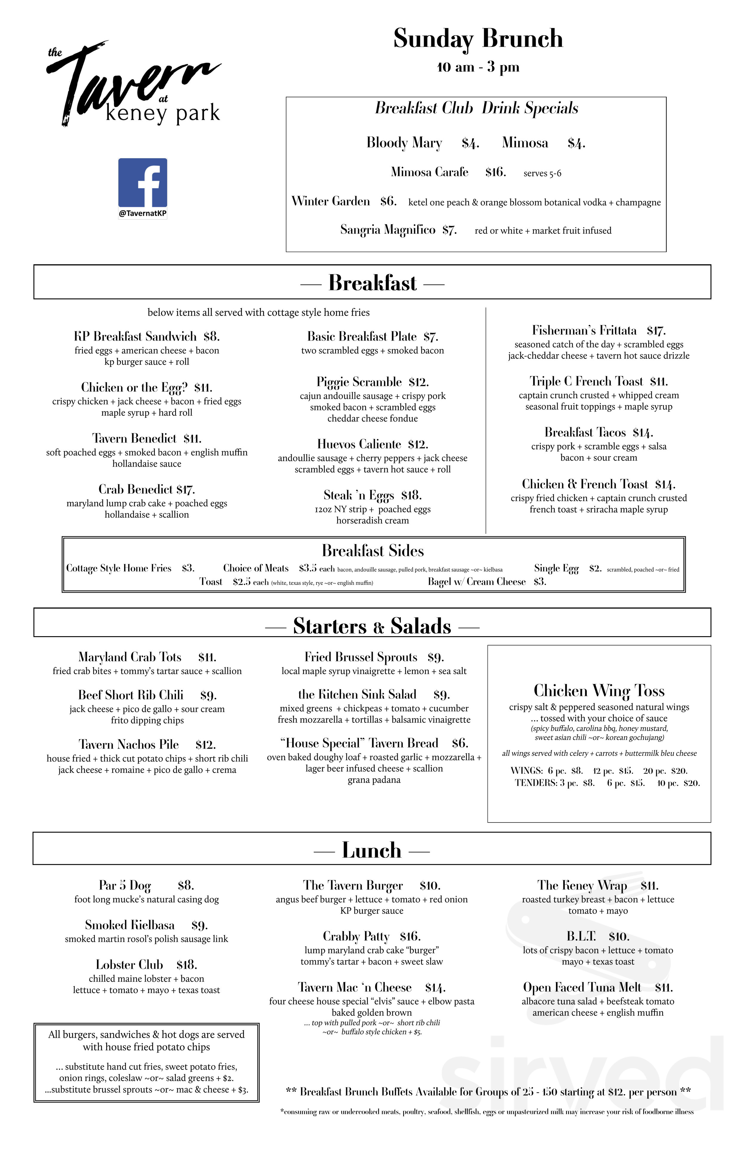 The Tavern at Keney Park menu in Windsor, Connecticut, USA