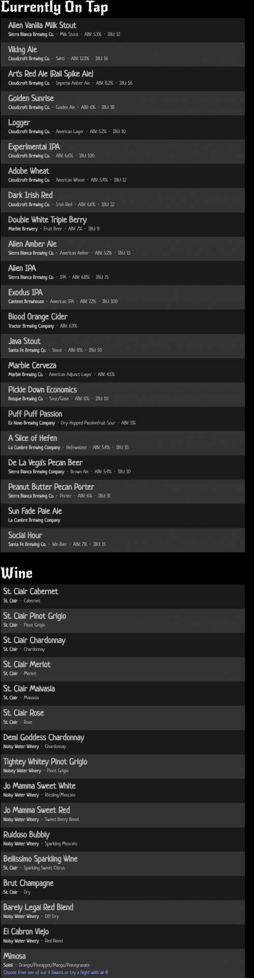 Cloudcroft Brewing Company menu in Cloudcroft, New Mexico, USA