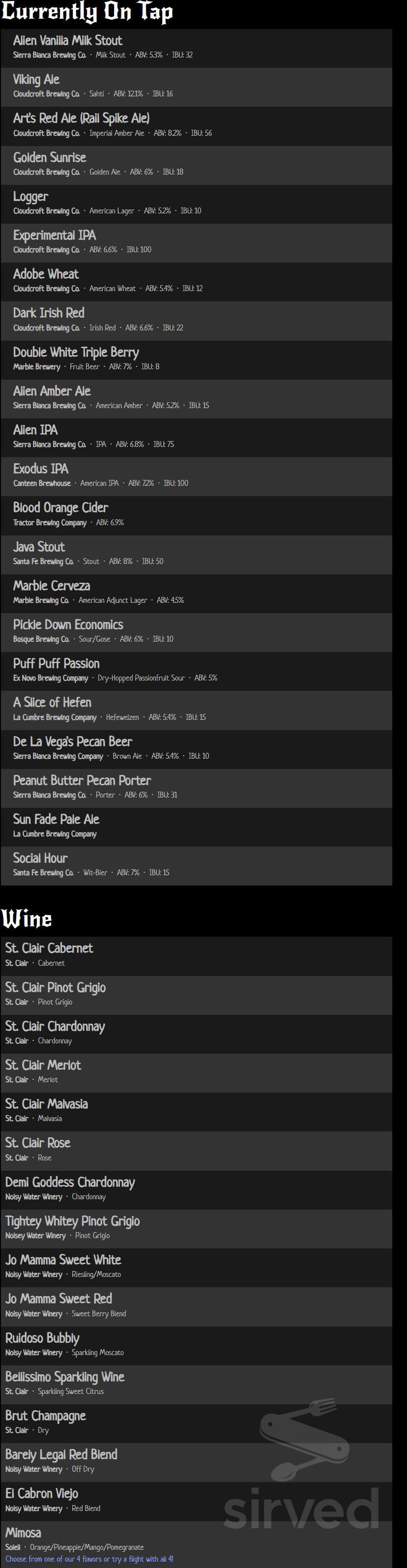 Cloudcroft Brewing Company menu in Cloudcroft, New Mexico, USA