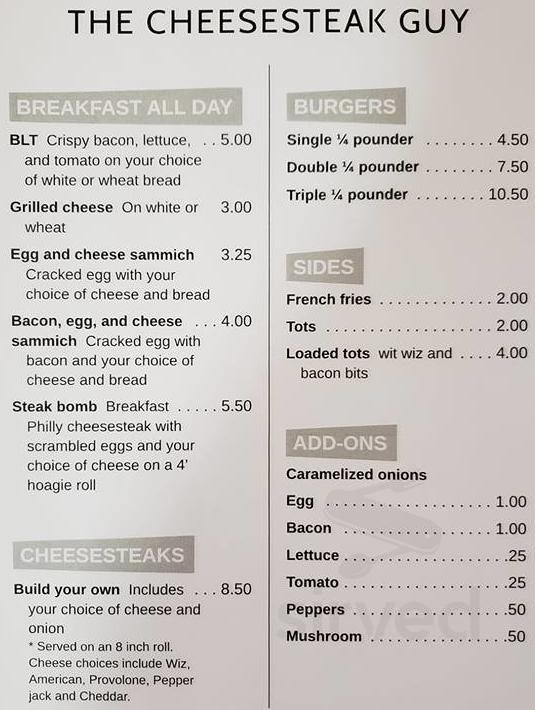 The Cheesesteak Guy menu in Harrisburg, Pennsylvania