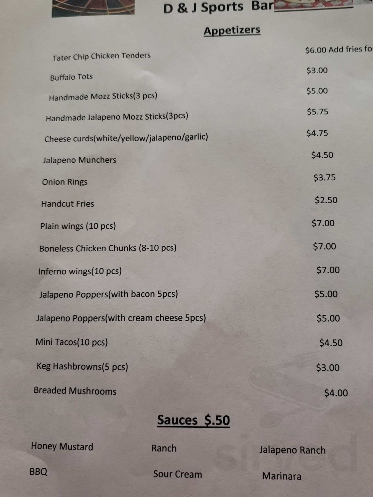 D & J Sports Bar and Grill menu in Watertown, Wisconsin, USA