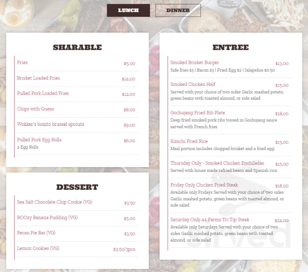 Eaker Barbecue menu in Fredericksburg, Texas, USA