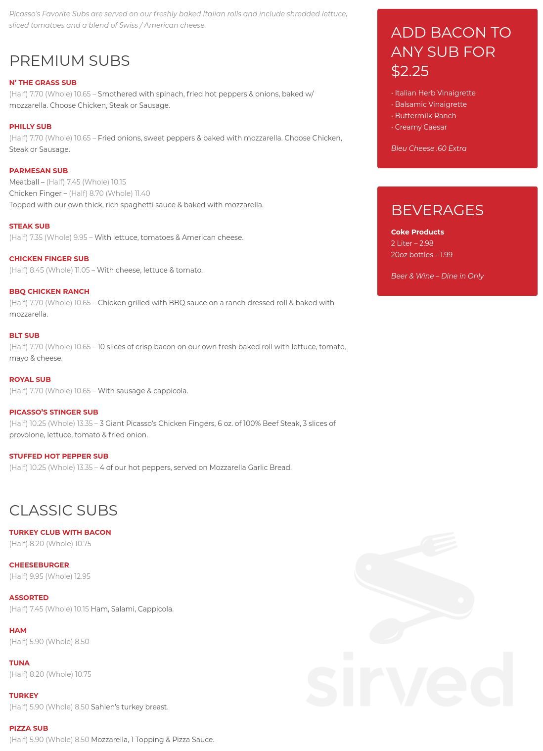 Menu - Blasdell NY's Picasso's Pizza | Sirved