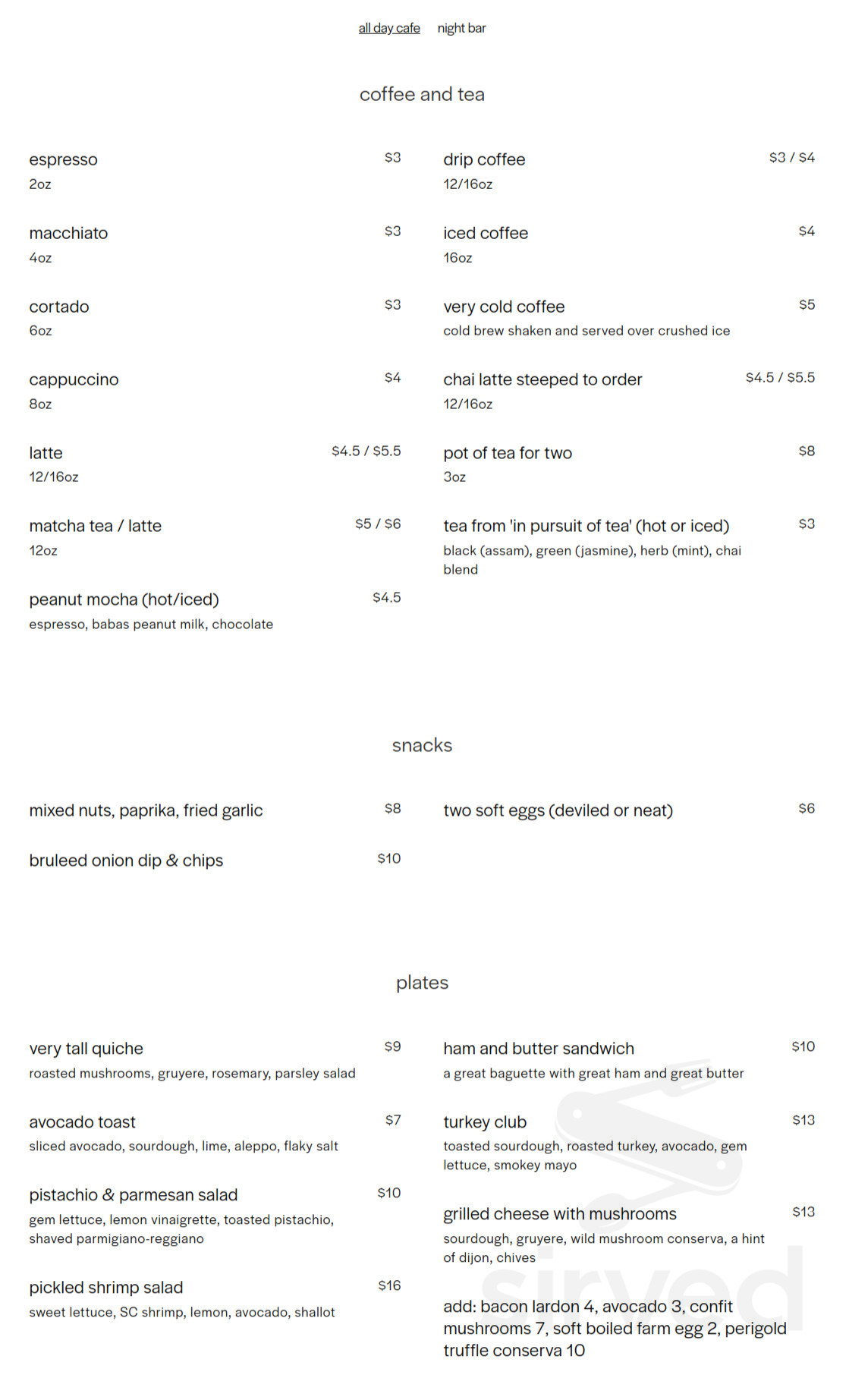 Babas on cannon menu in charleston south carolina usa