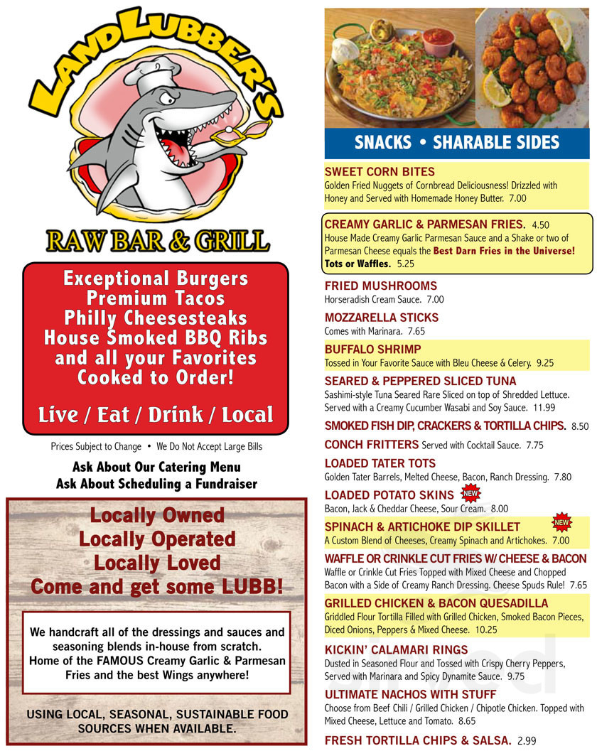 Menu - Plantation FL's LandLubber's Raw Bar & Grill | Sirved