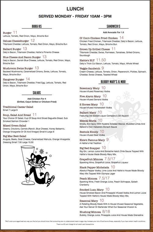Hattie's Hat Restaurant menu in Seattle, Washington, USA