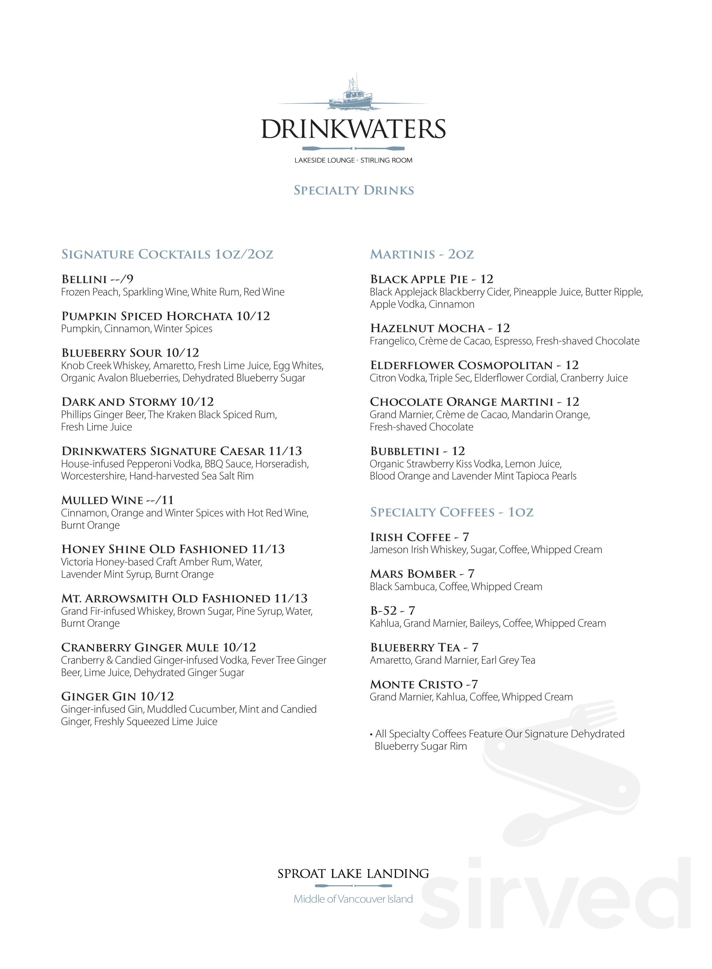 Drinkwaters Pacific Grill menu in Port Alberni, British Columbia, Canada