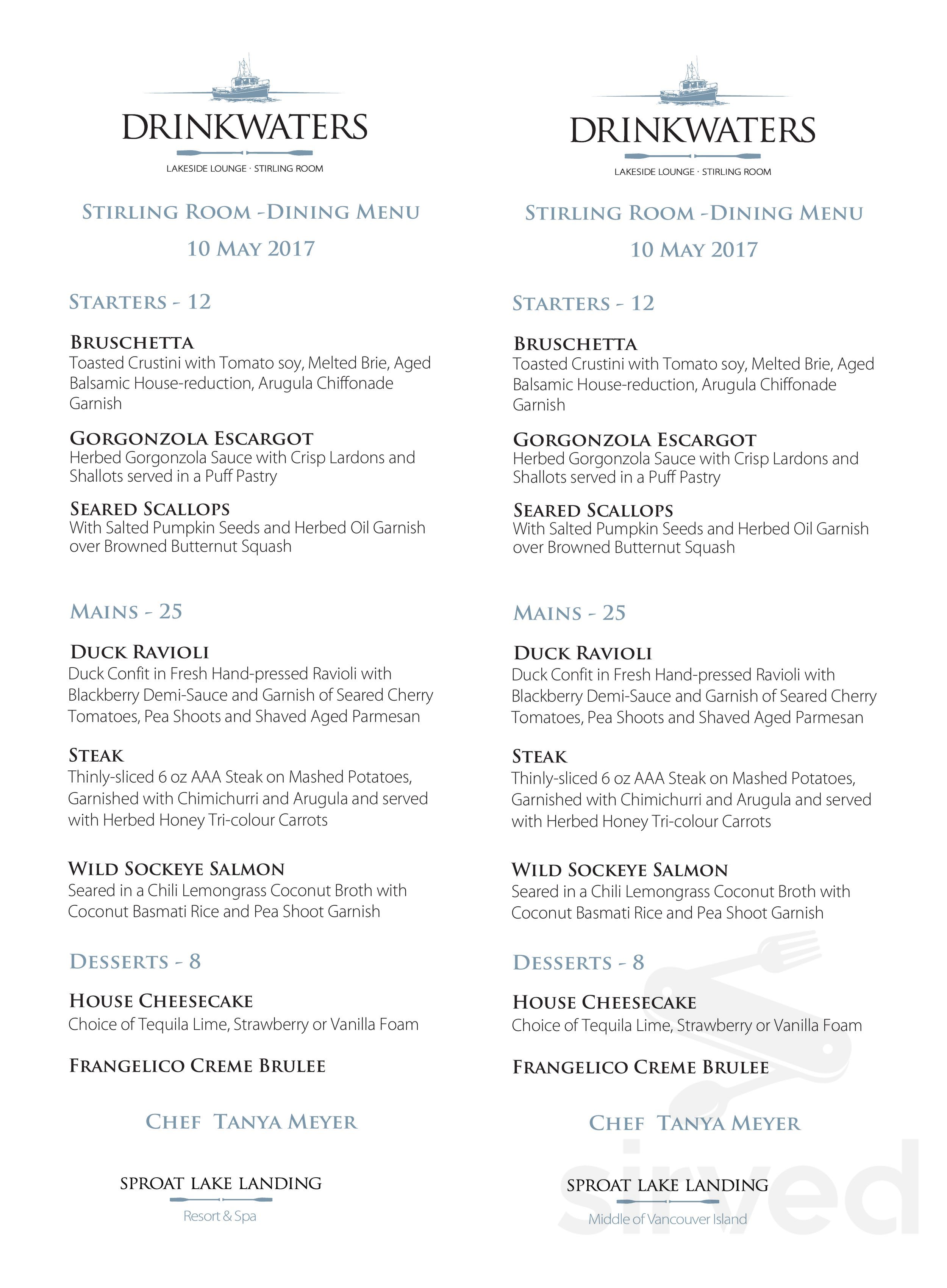 Drinkwaters Pacific Grill menus in Port Alberni, British Columbia, Canada
