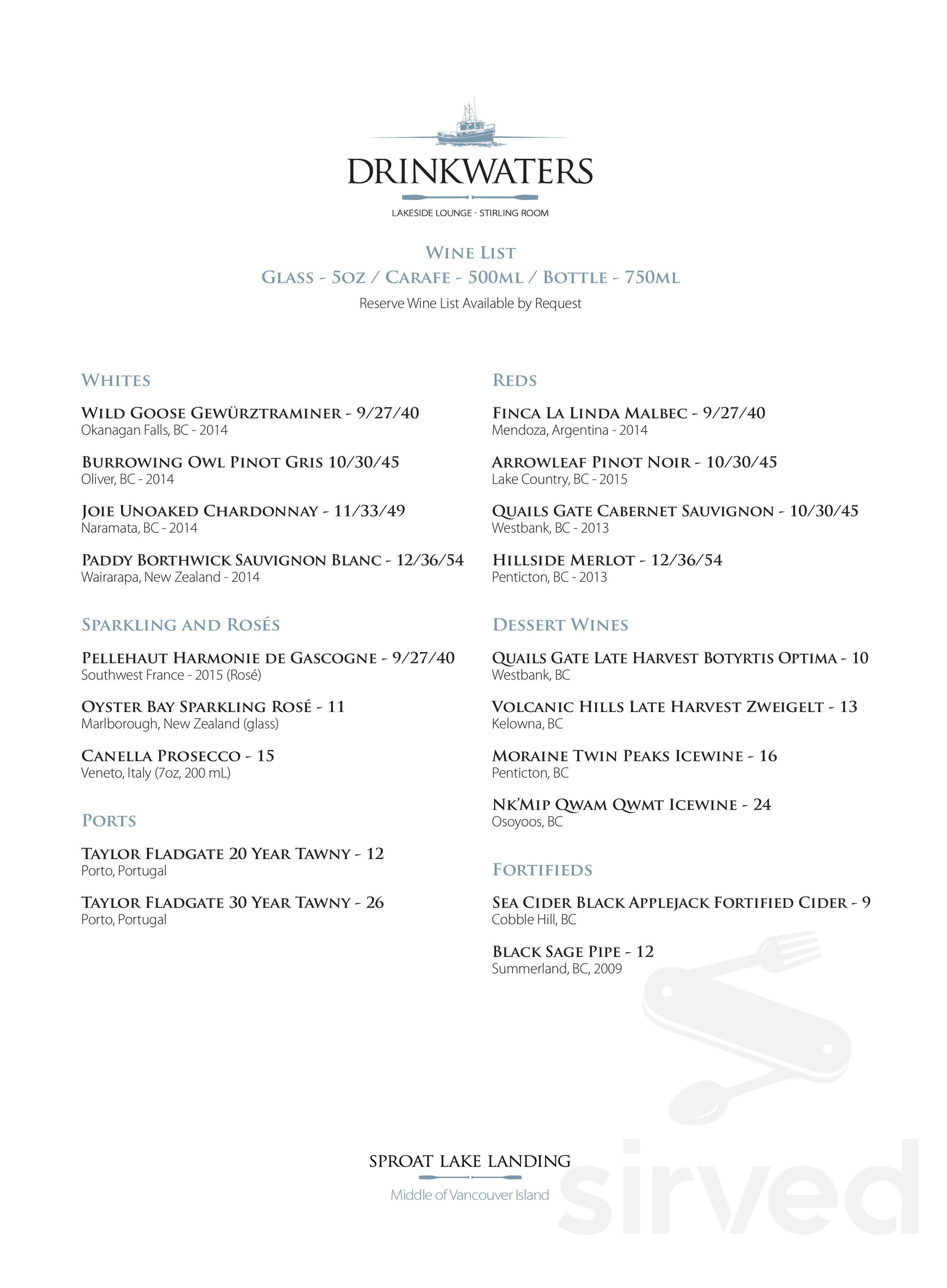 Menu for Drinkwaters Pacific Grill in Port Alberni, British Columbia, Canada