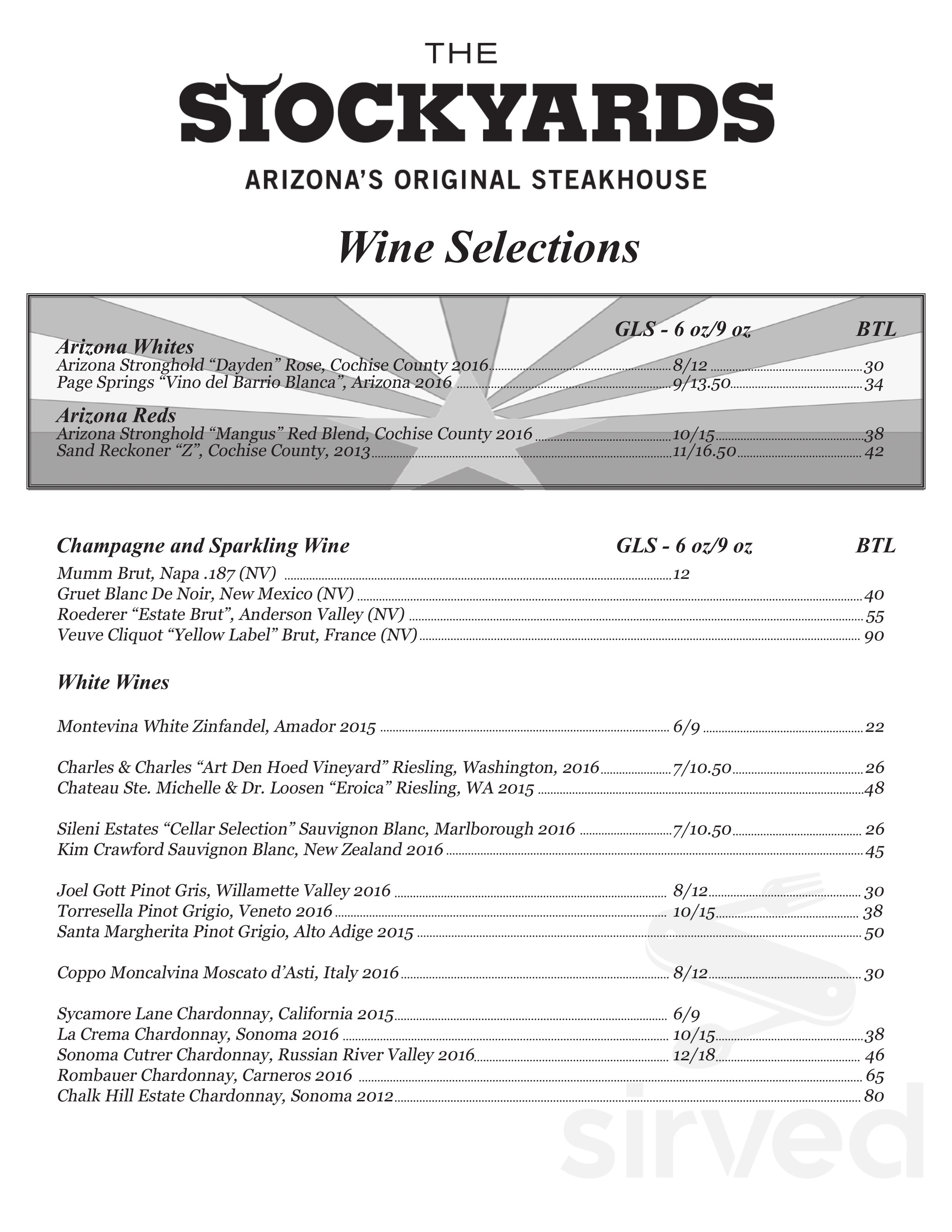 Menu for The Stockyards Steakhouse in Phoenix, AZ | Sirved