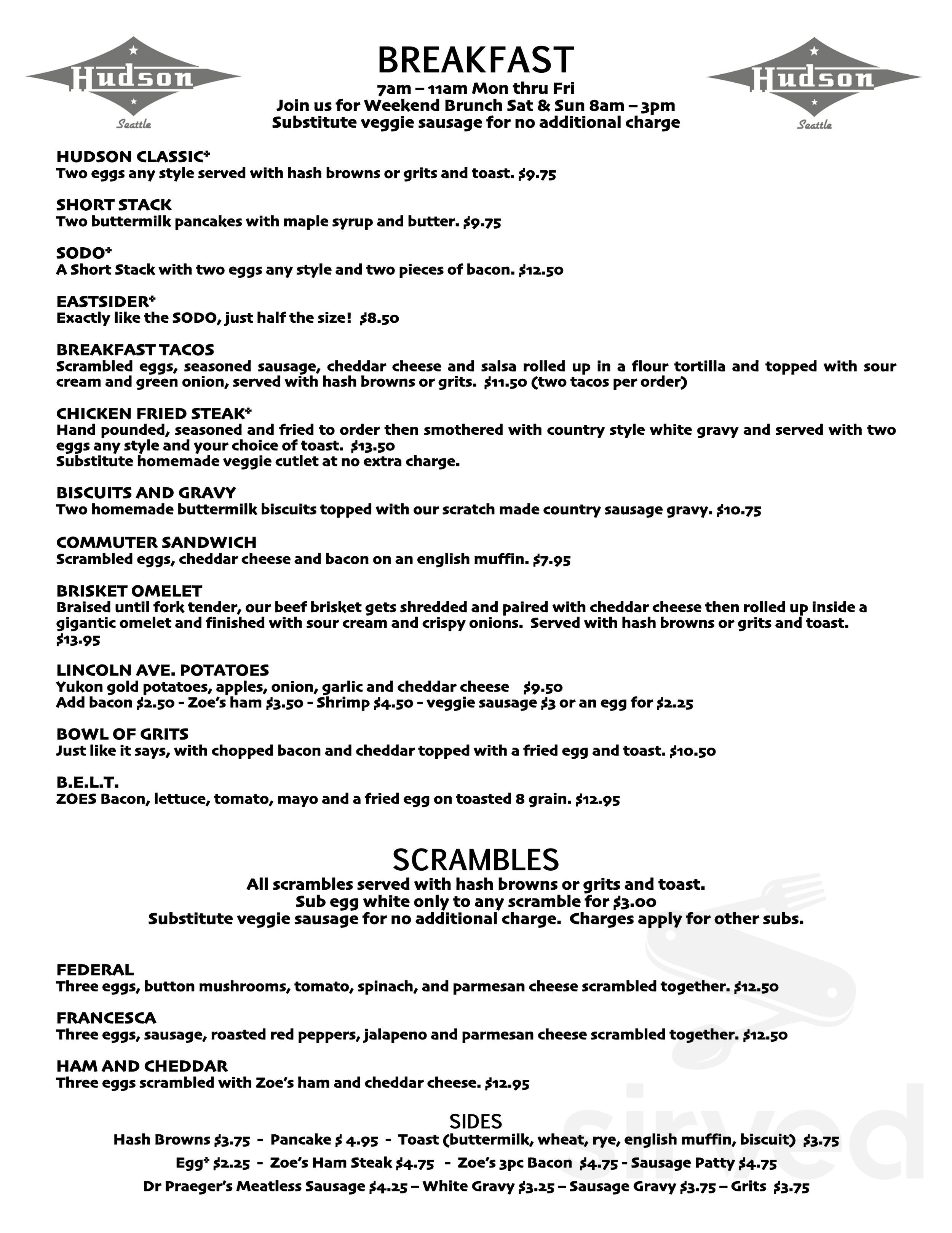 Menu - Seattle WA's Hudson | Sirved