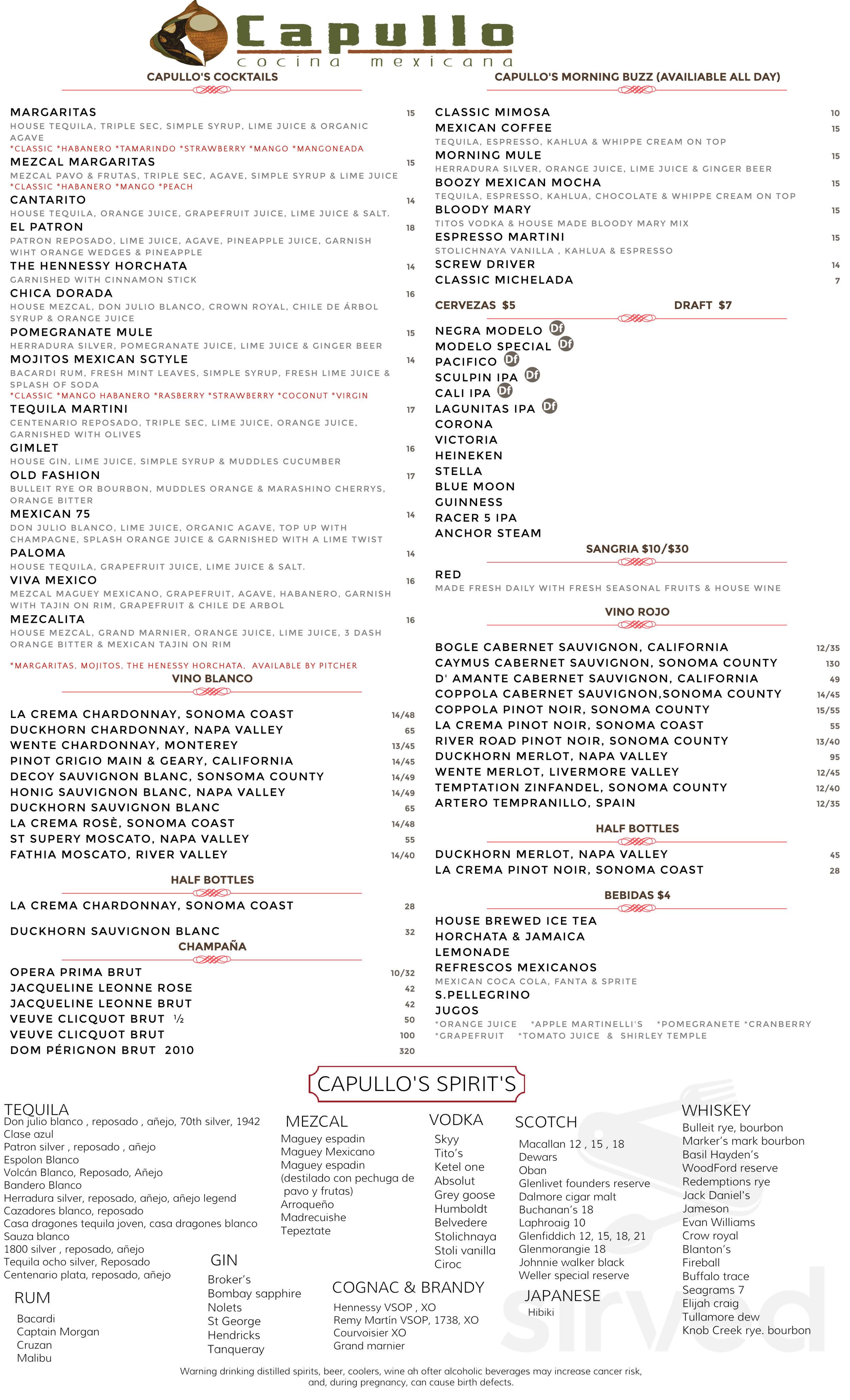 Capullo Cocina Mexicana menu in Walnut Creek, California, USA