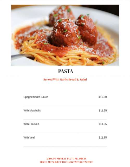 Pizza Express menu in Gilford, New Hampshire, USA