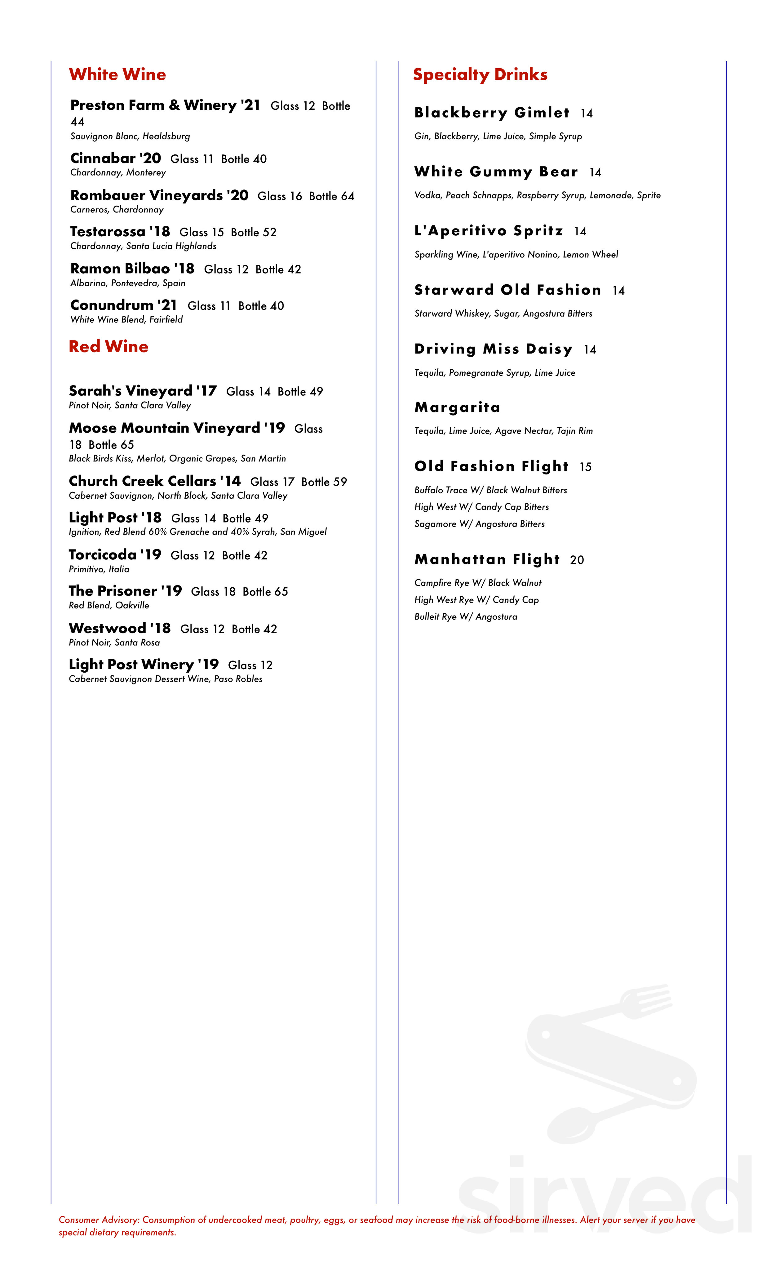 Relish Kitchen+Drink menu in Gilroy, California, USA