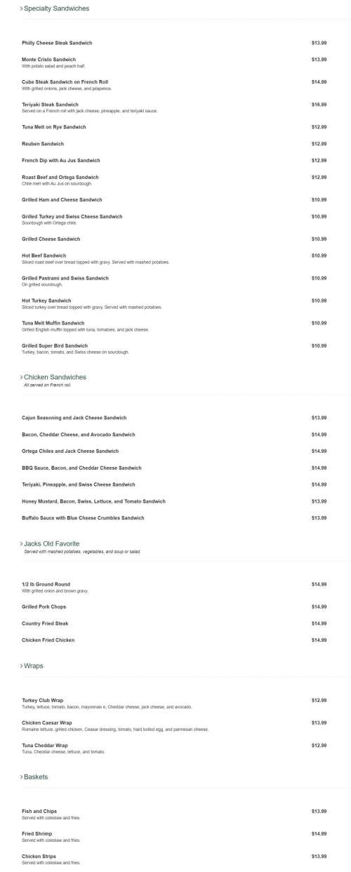 Jack's Cafe menu in Sparks, Nevada, USA