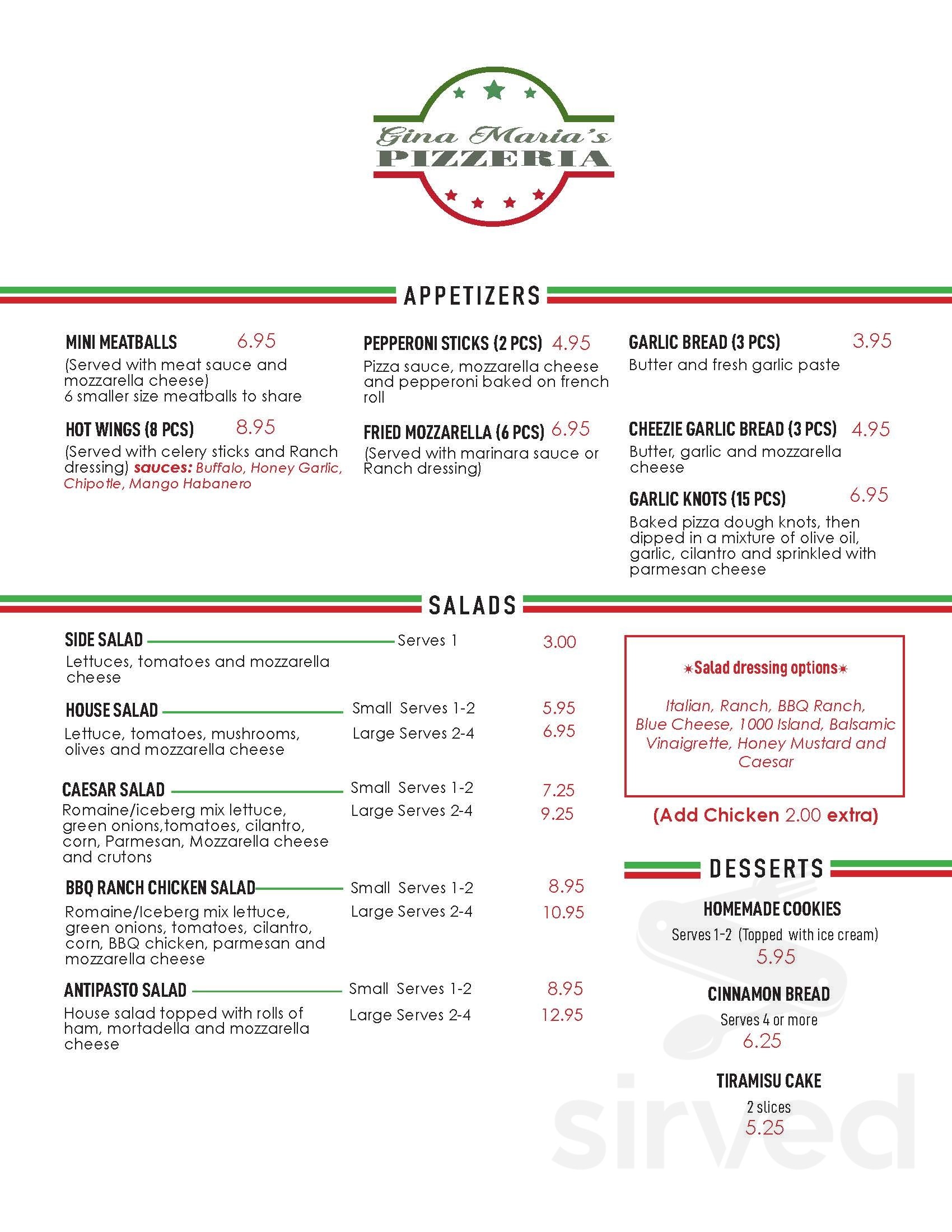 Gina Maria's Pizzeria menu in Placentia, California, USA