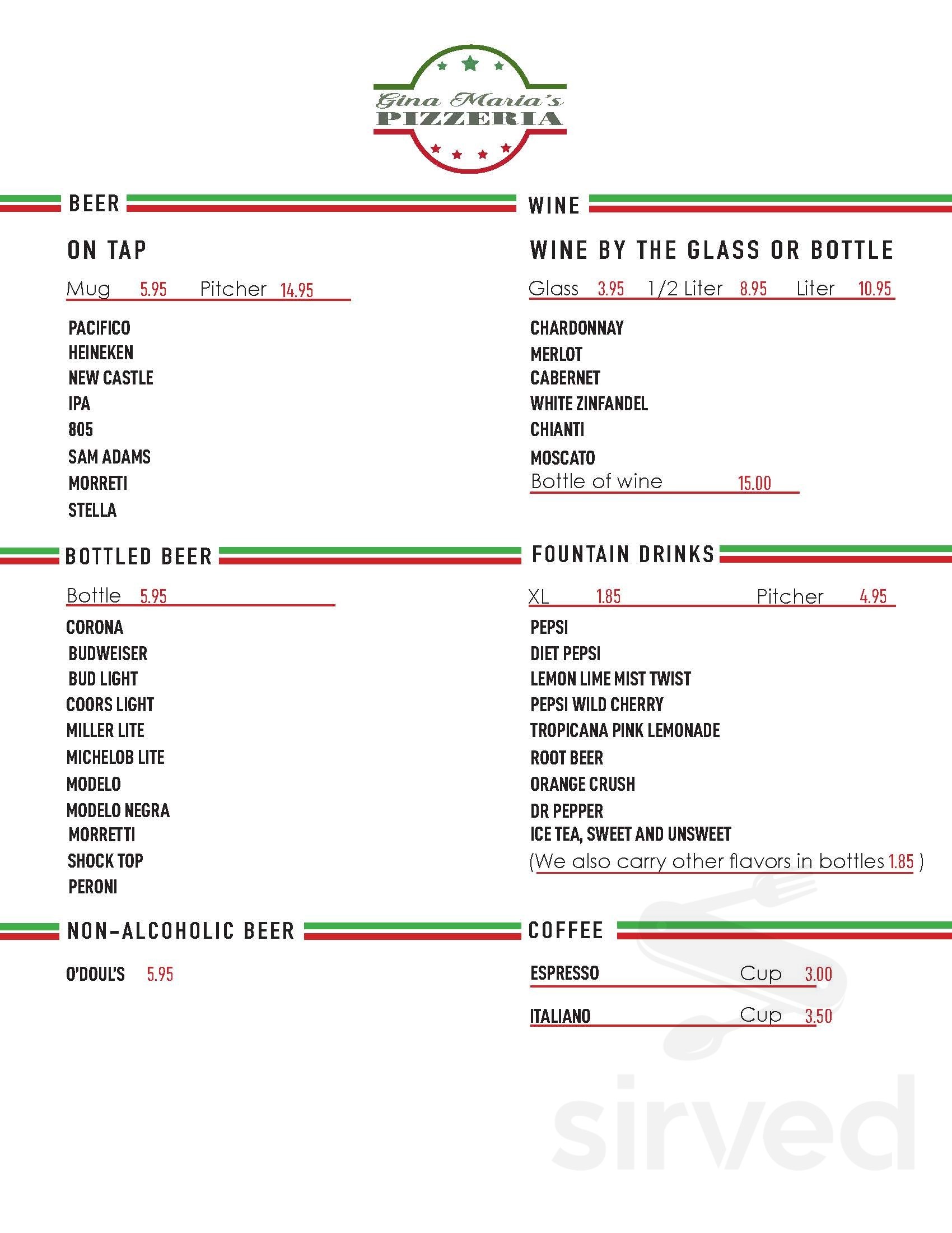 Menu - Placentia CA's Gina Maria's Pizzeria | Sirved
