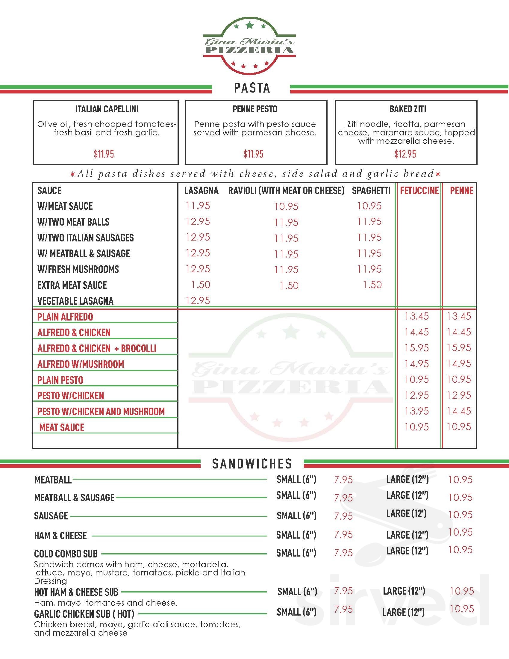 Menu - Placentia CA's Gina Maria's Pizzeria | Sirved
