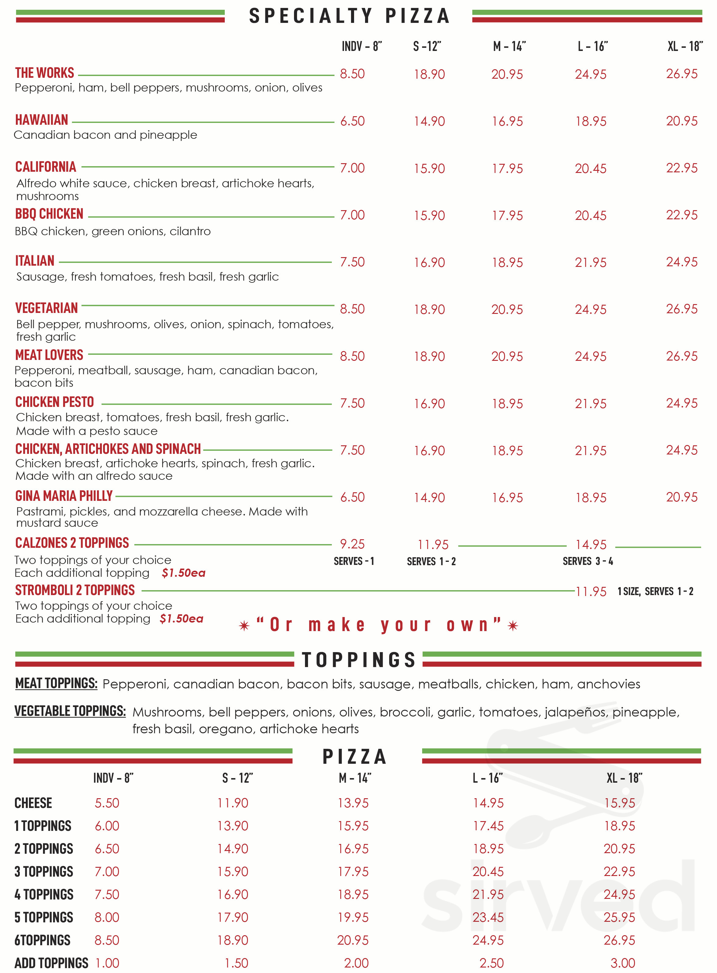 Menu - Placentia CA's Gina Maria's Pizzeria | Sirved
