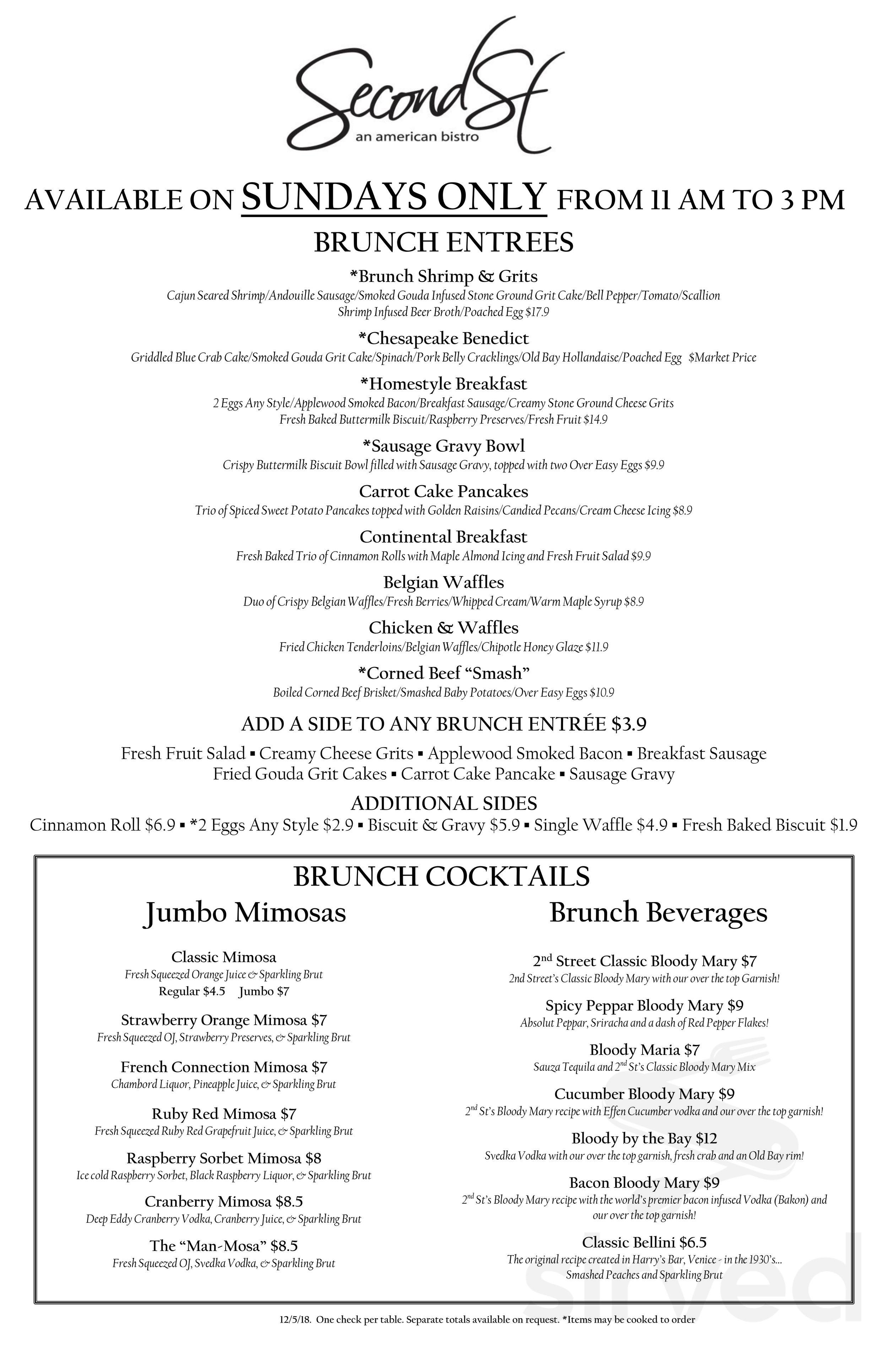 Second Street American Bistro menu in Newport News, Virginia, USA