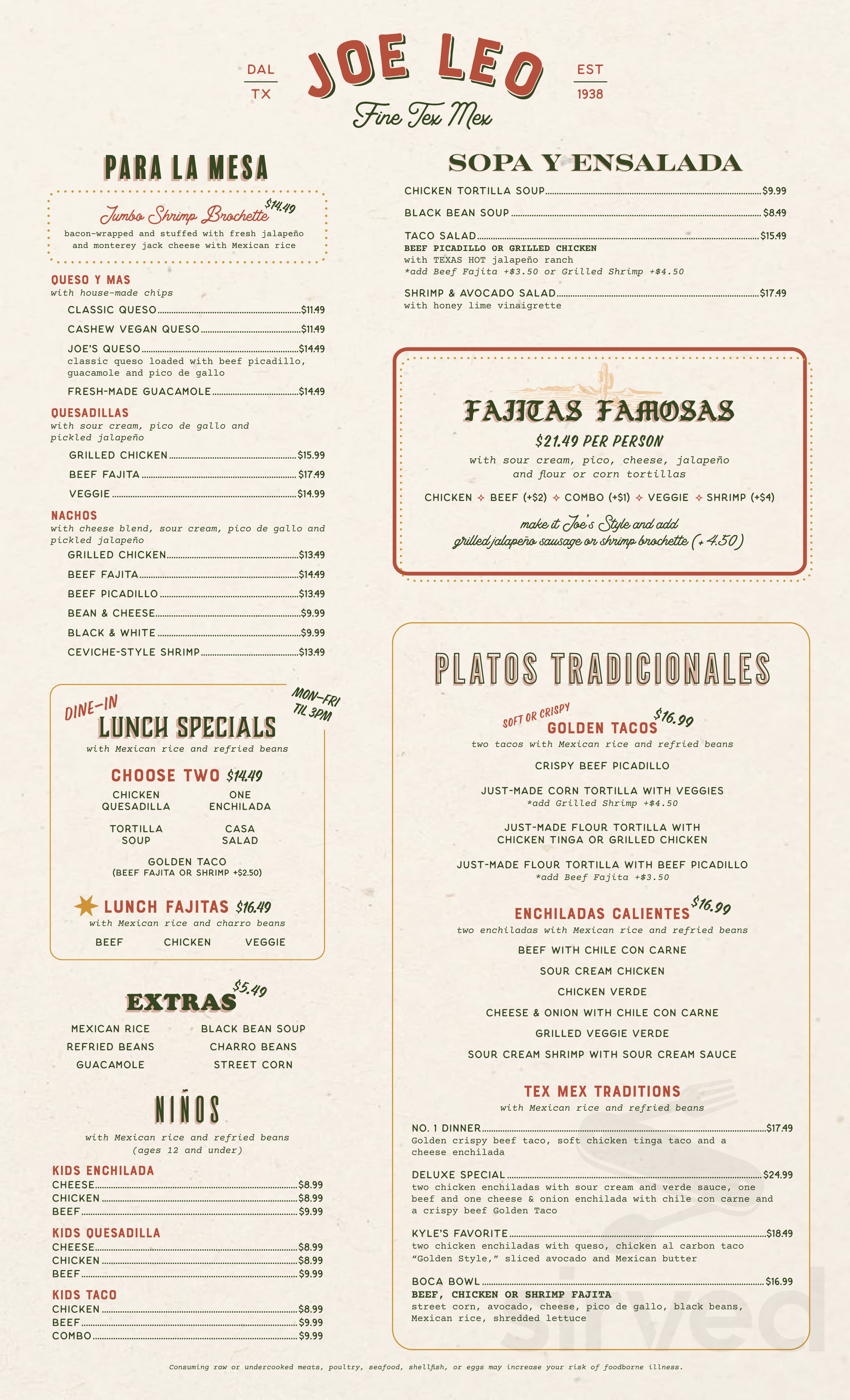 Joe Leo Fine Tex Mex menu in Dallas, Texas, USA