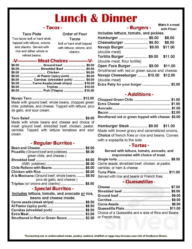 Nena's House Restaurant menu in Kirtland, New Mexico, USA