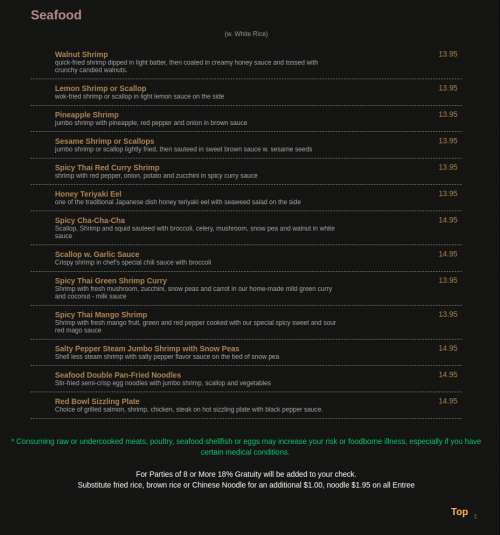 Red Bowl menu in Matthews, North Carolina, USA