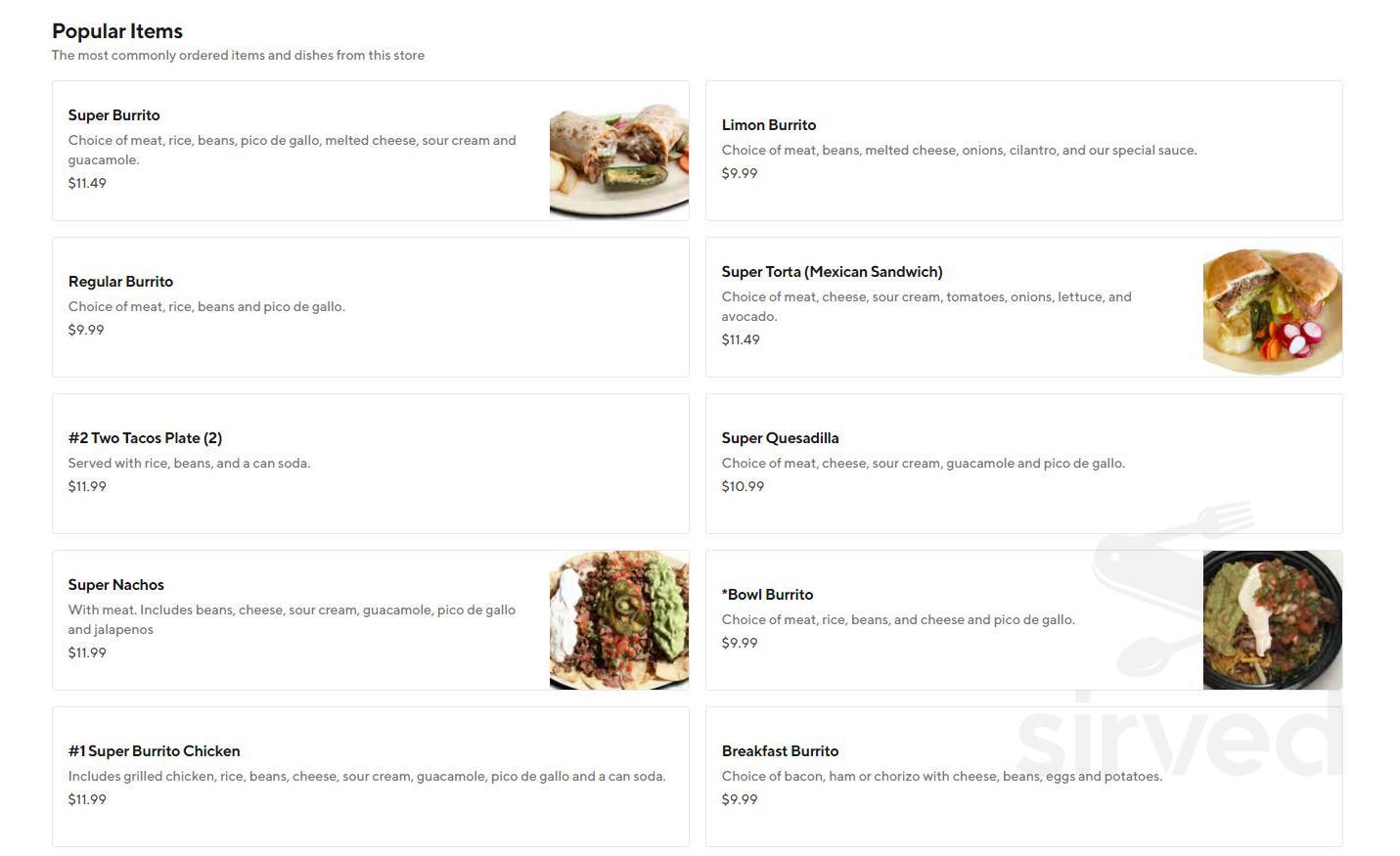 Taqueria Extra Truck menu in Fremont, California, USA
