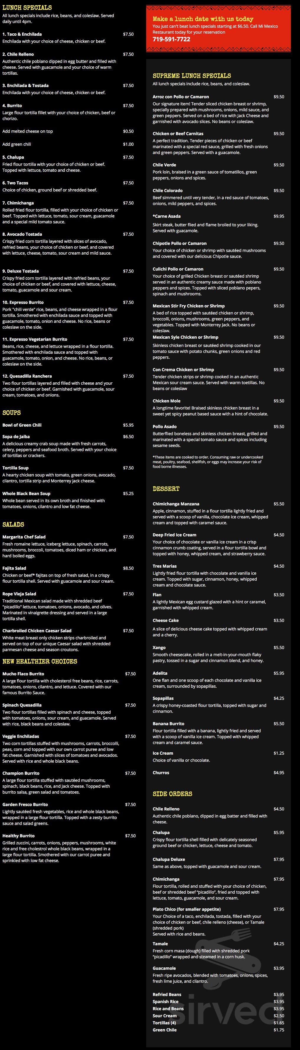 Menu - Colorado Springs CO's Mi Mexico Restaurant | Sirved