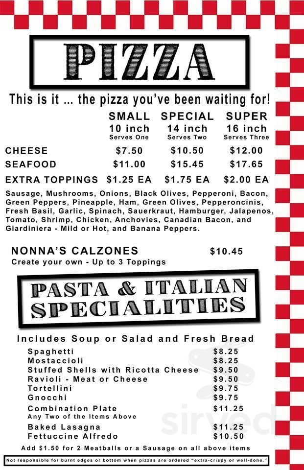 Nonna's Pizzeria menu in Racine, Wisconsin, USA