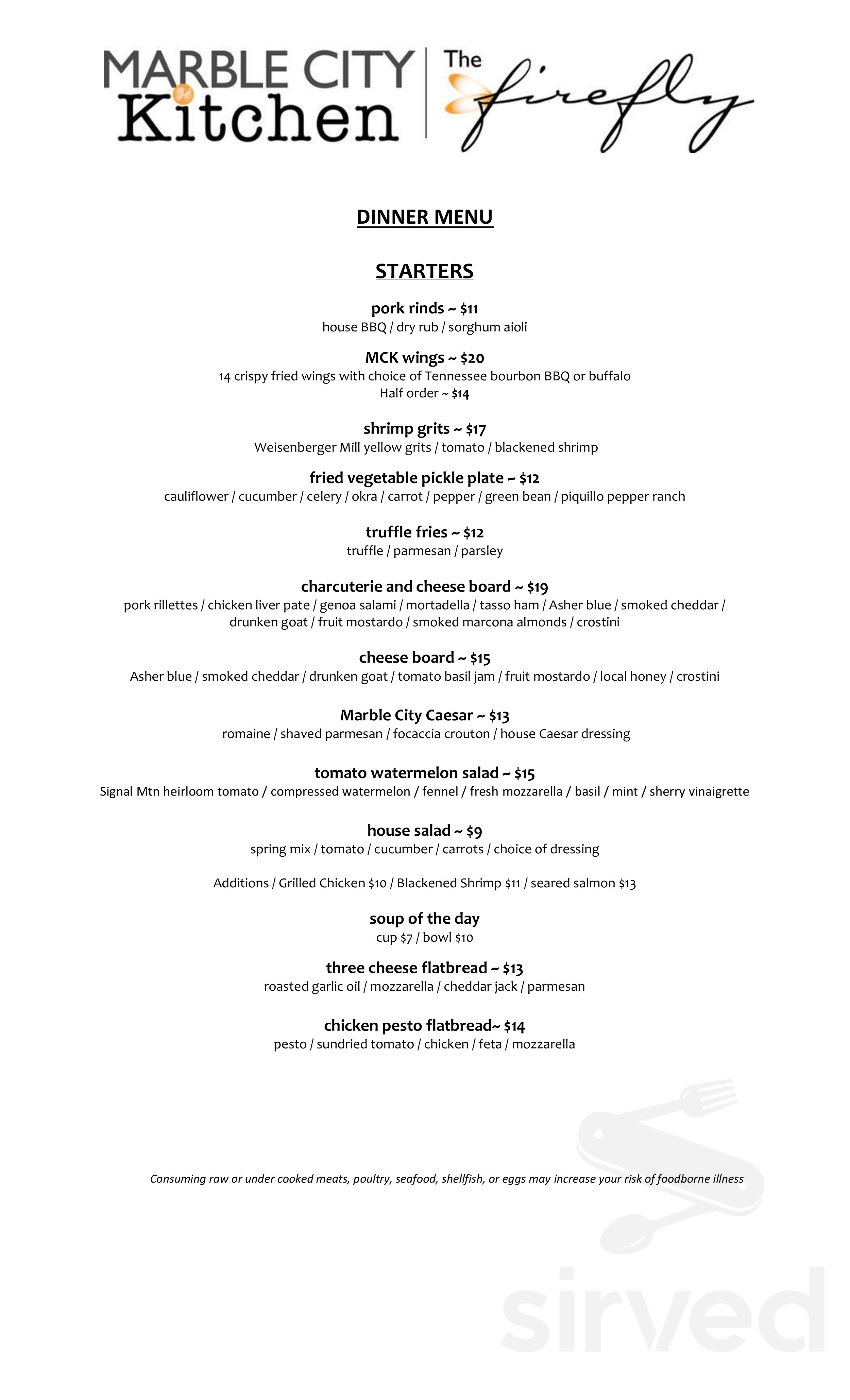 The Firefly/ Marble City Kitchen menu in Knoxville, Tennessee, USA