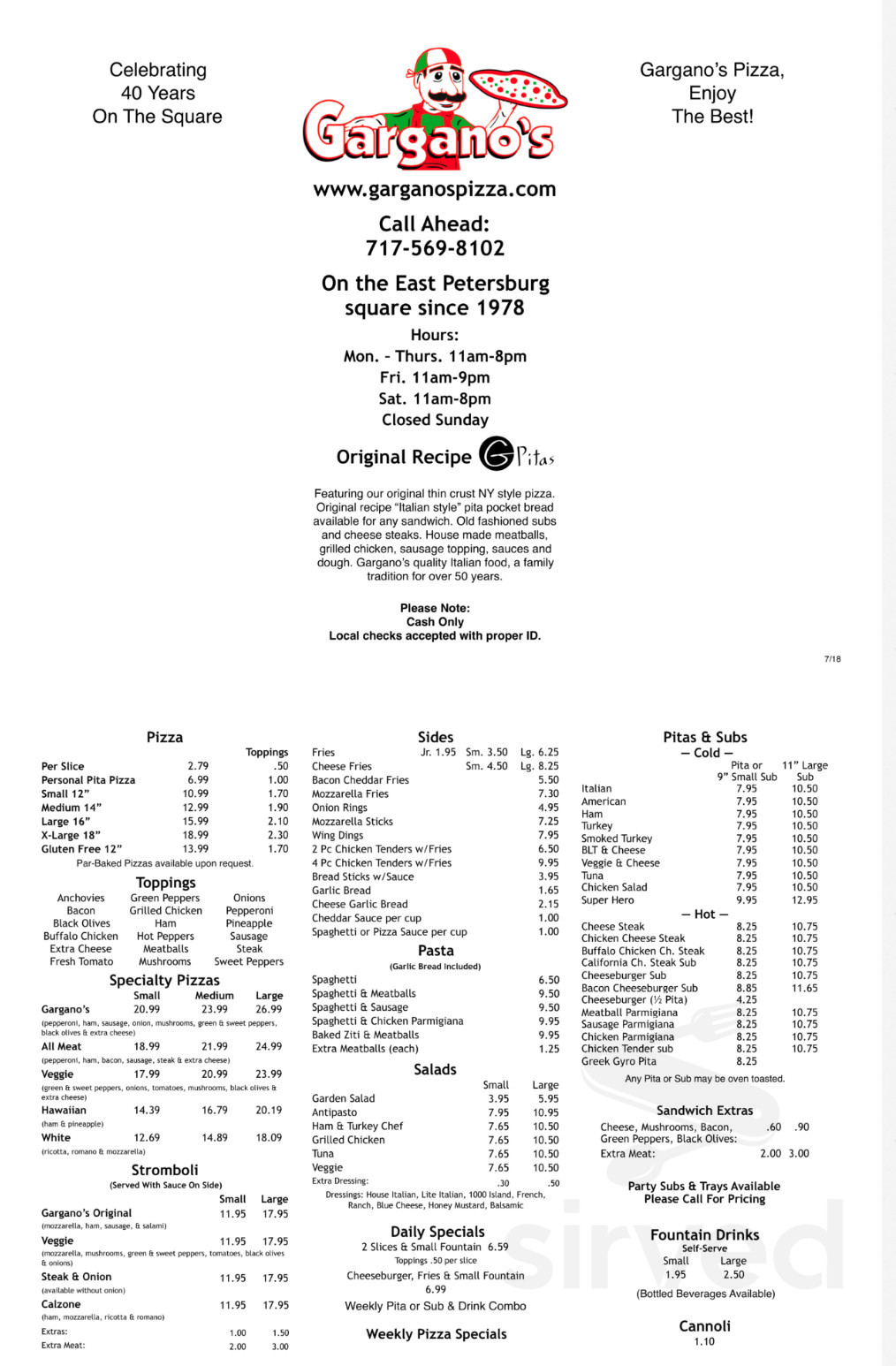 Gargano's Pizzeria & Deli menu in East Petersburg, Pennsylvania