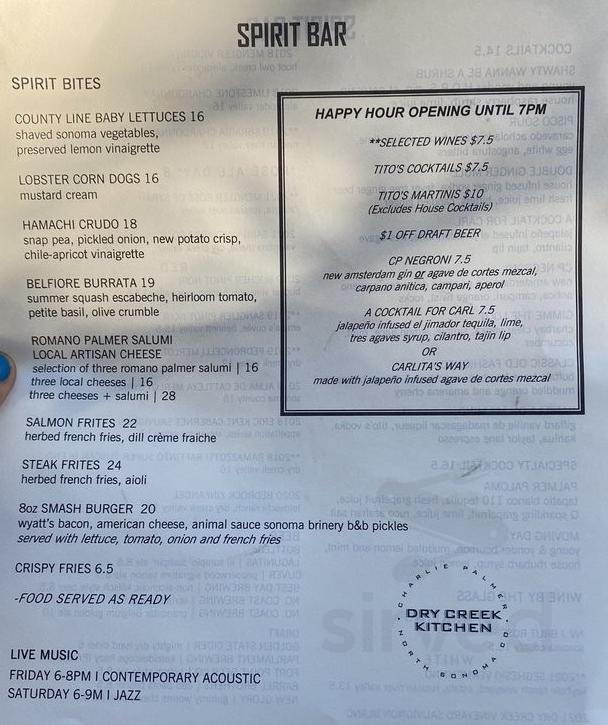 Spirit Bar menu in Healdsburg, California, USA