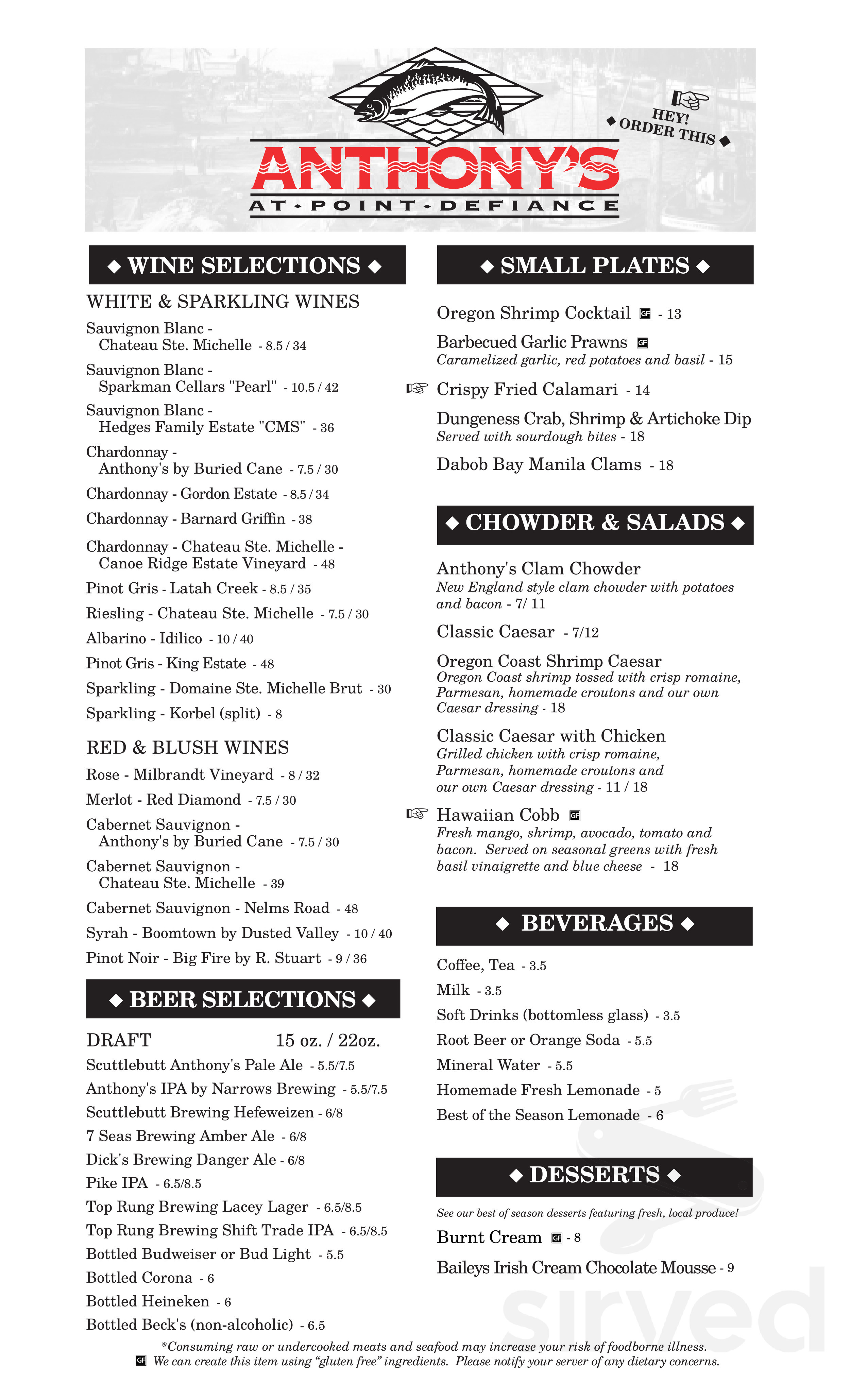 Menu for Anthony's At Point Defiance in Tacoma, WA | Sirved