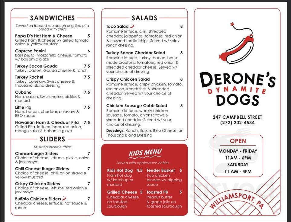 Derone's Dynamite Dogs menu in Williamsport, Pennsylvania, USA